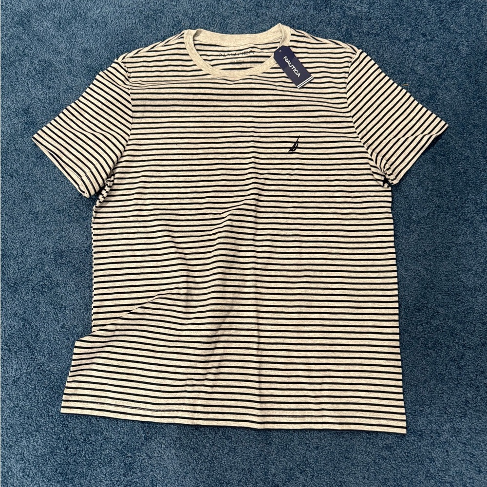 Nautica Men's Blue and Grey Striped Tee